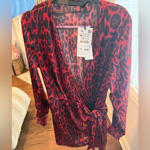 Zara Leopard  Print Wrap Dress - Red
